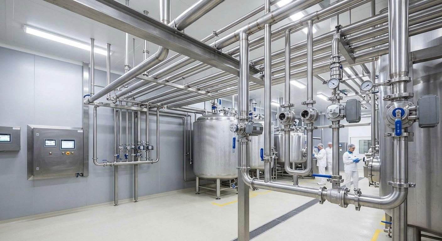 Stainless steel process piping and tanks in a production facility